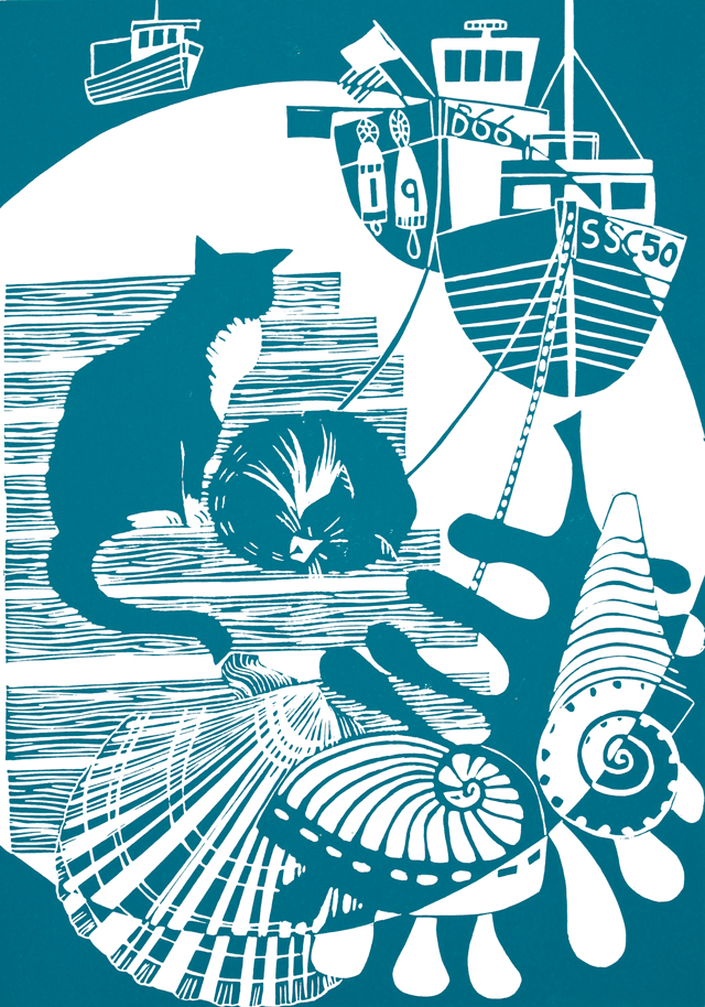 Cornish_harbour_cats: Cornish Harbour Cats by Michele Chilton (linocut print)