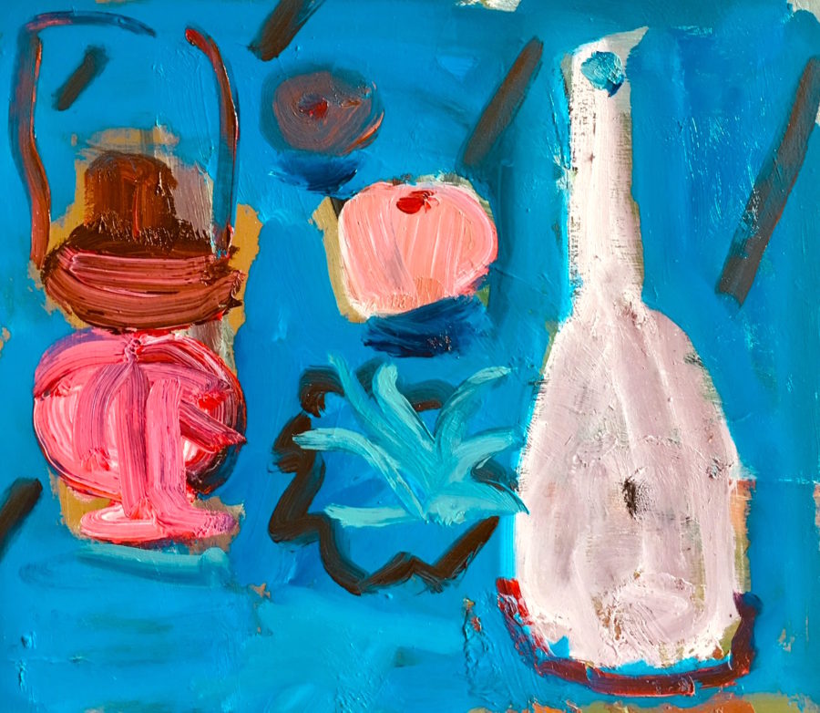Still life oil painting of objects on a table with a blue tablecloth background  