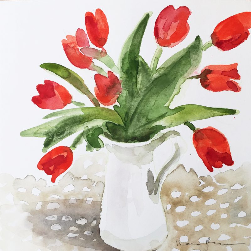 Red Tulips in a white Jug