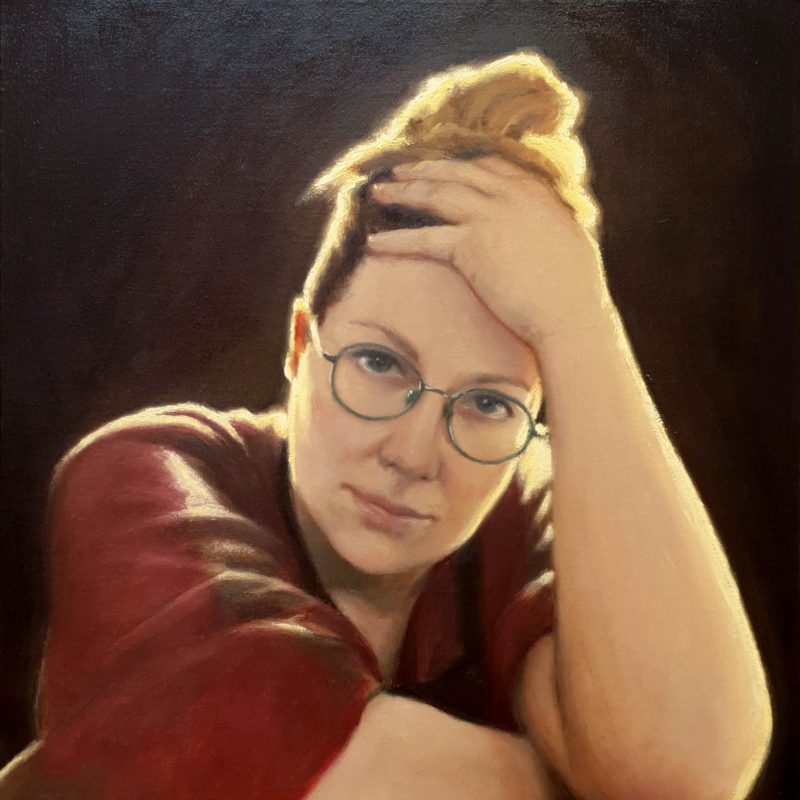 Oil portrait of a girl that is leaning her head on her hand, backlit with a warm textural glow. She is wearing a dark red top and black apron, and has her brown hair tied up in a bun.
