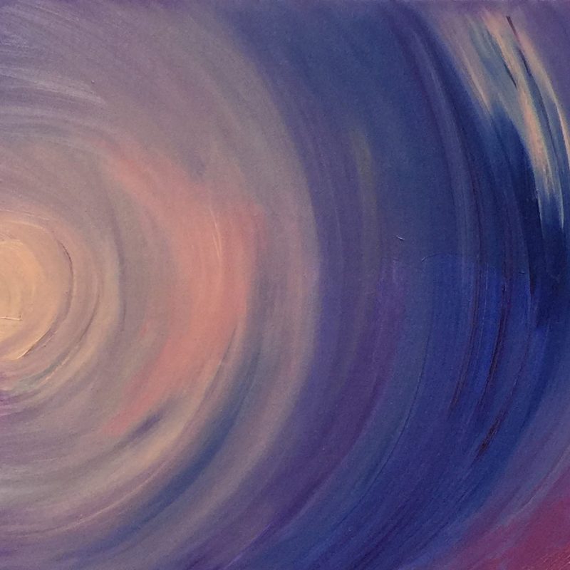 Purple and cream swirl / circle abstract on long slim canvas. Central orb of cream with purple swirls leading outwards...