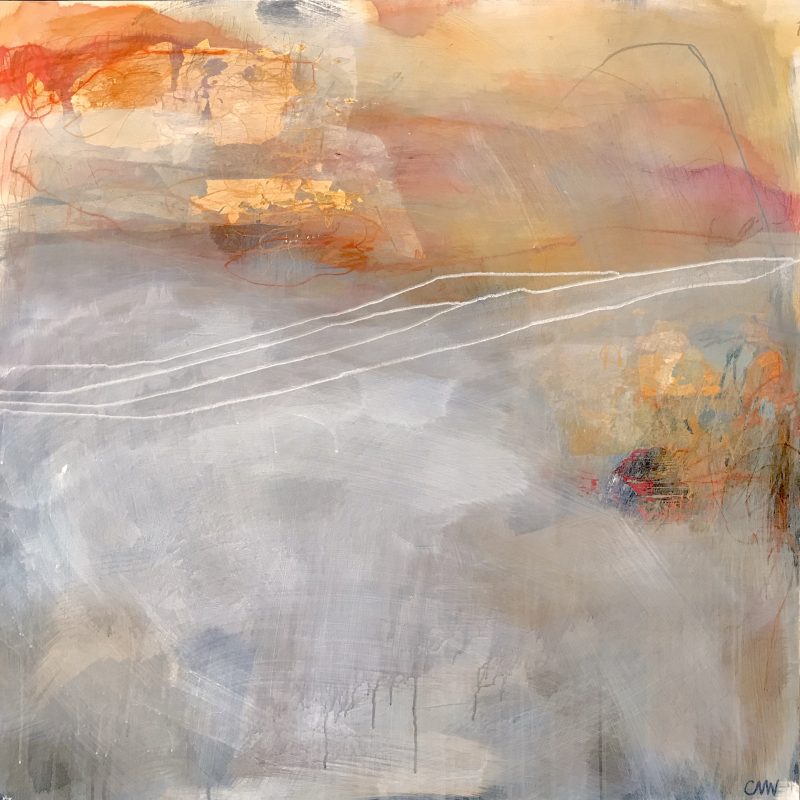 Mixed media on deep panel. 91cm x 91cm This was inspired by walking along the coast as the sun is setting and the sky retains a warm glow .