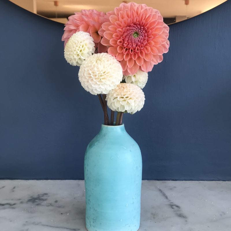 turquoise bud case with dahlias