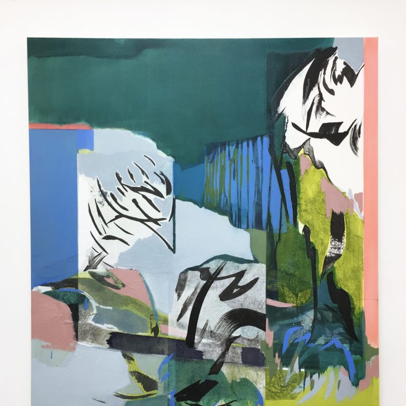 ‘Garden Painting II’ is part of a series exploring the relationship between printmaking, drawing and painting, with paper fragments collaged onto the canvas surface. Semi-translucent paper is torn away and reapplied leaving a residual impression. The garden is a constructed landscape, informed by earlier drawings, Bloomsbury colours, transient shadows and Japanese woodblock prints. 