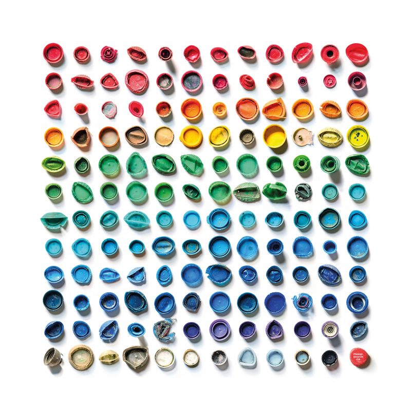 A photographic montage of 144 plastic bottle tops retrieved from the banks of the River Thames in under one hour.