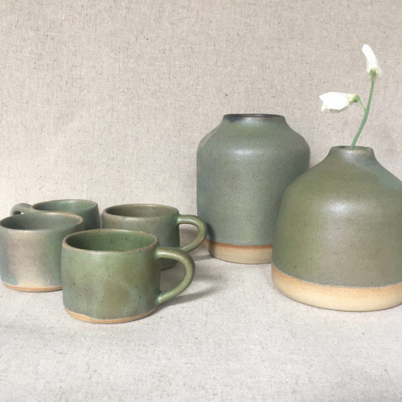 Stoneware vases and espresso cups, glazed in celadon.