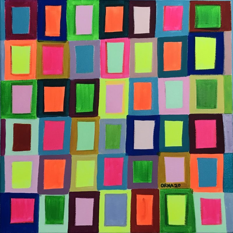 A painting of colourful squares that resemble windows