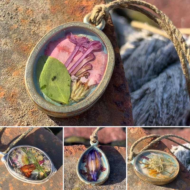 Pressed flower necklaces - hand pressed and showcased on painted patina style brass. Part of a wider range of pressed flower jewellery. All flowers grown in my garden. 