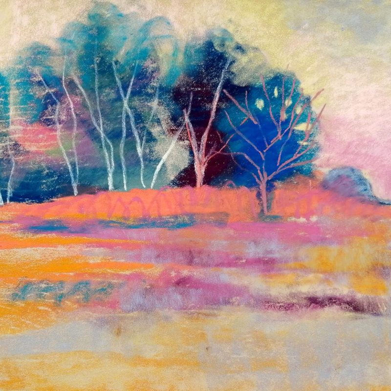Pastel painting of trees and heathland