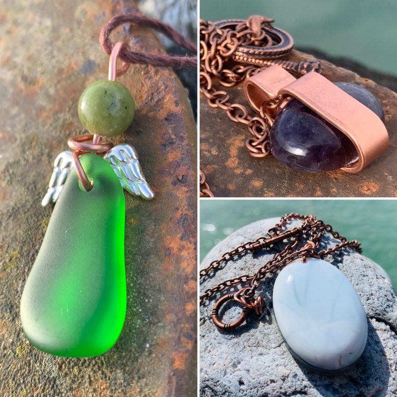 Gemstone necklaces utilising recycled copper. Many different styles available.