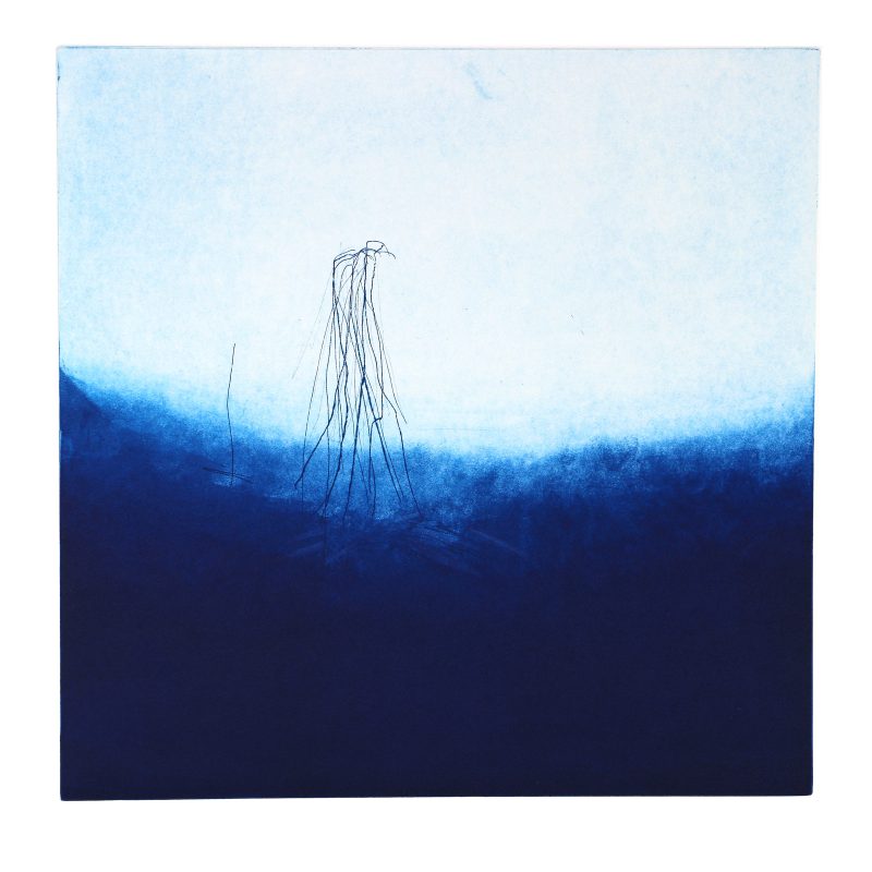 An abstract suggested figure emerging from a blue foreground