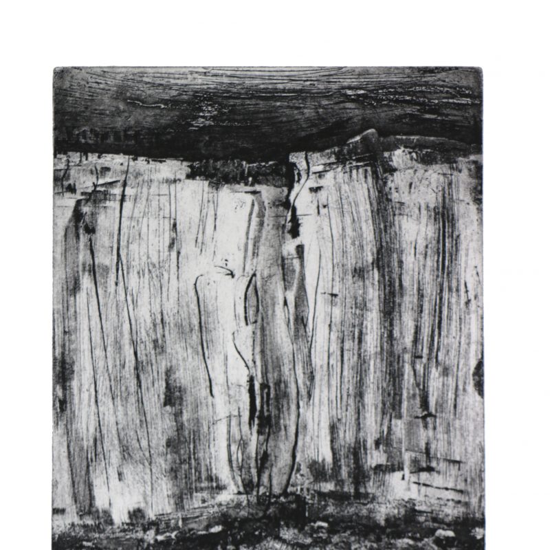 Black & white image of a rocky beach and cliffs raising up like a wall