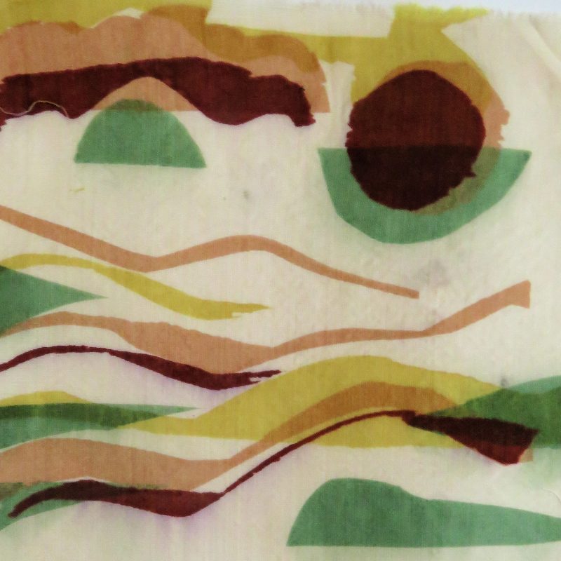 Stencil screen print on cotton using natural dyes in brown, green and ochres.