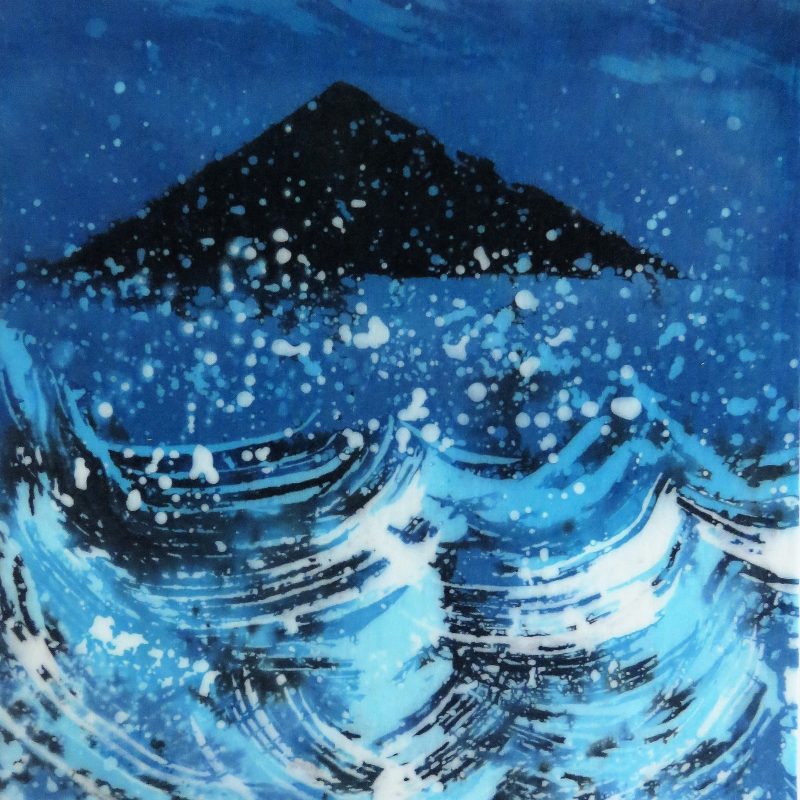 Blue, turquoise and white waves with a dark indigo volcano shape behind.