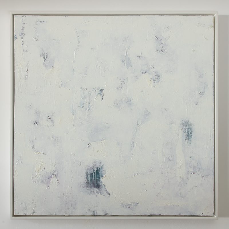 An abstract white oil painting in a white wooden frame 