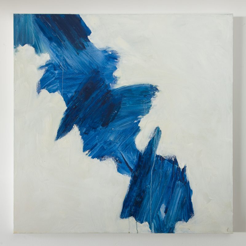 This is a square canvas - abstract painting painted with white and blue oils. 