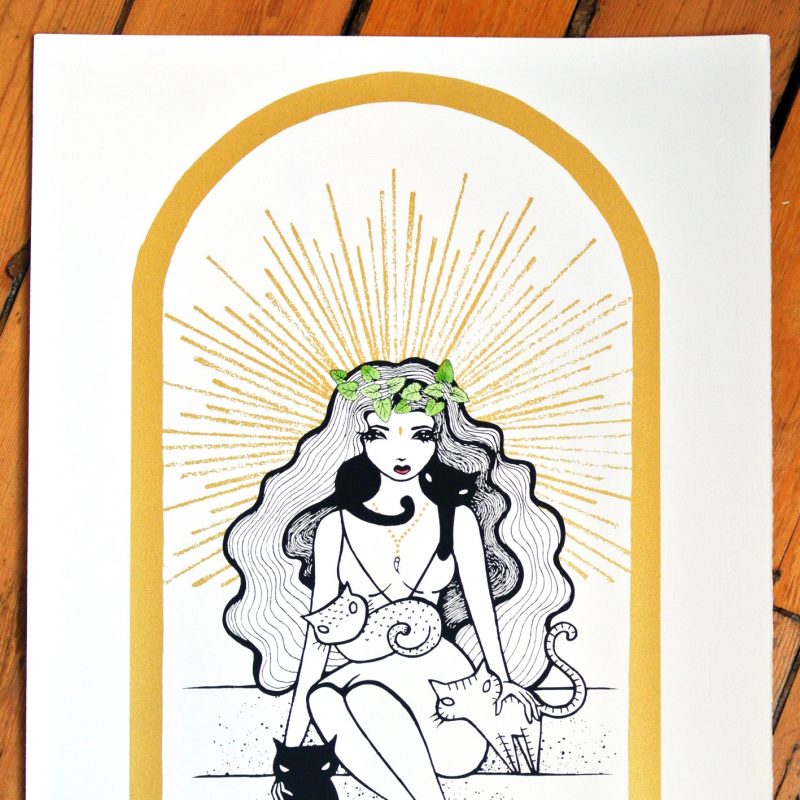 Screen print: A seated woman surrounded by cats, framed in a golden halo and decorative arch