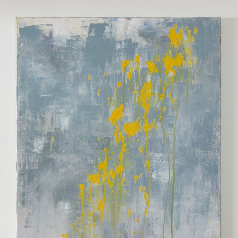 An abstract oil painting in grey and yellow tones