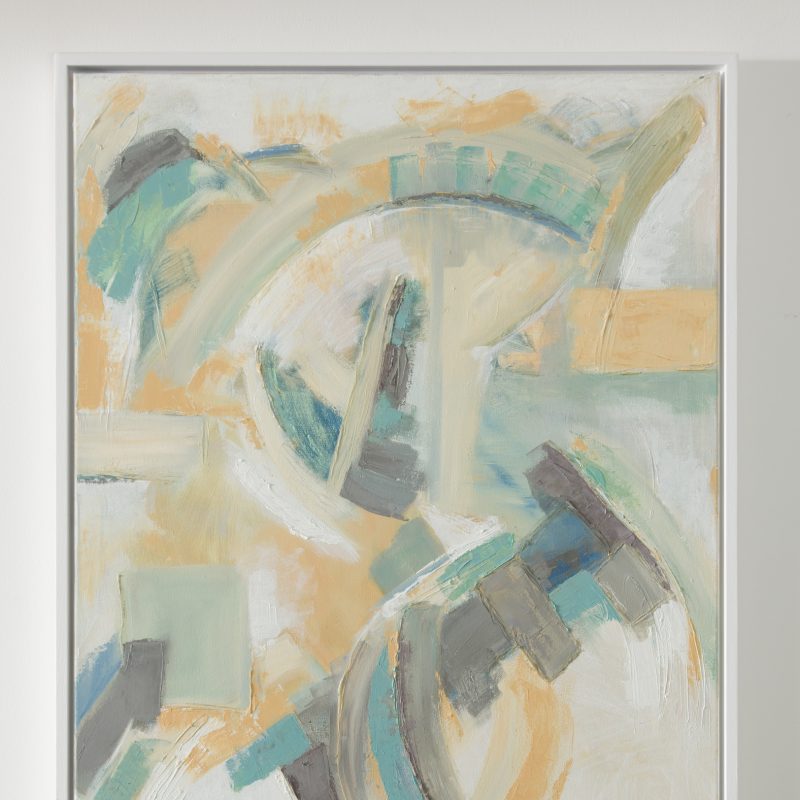 Framed abstract oil on canvas with Naples yellow and soft green and grey tones.