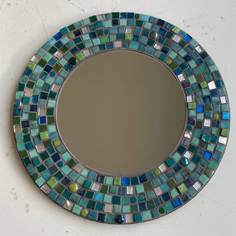 Teal and green circular mosaic mirror