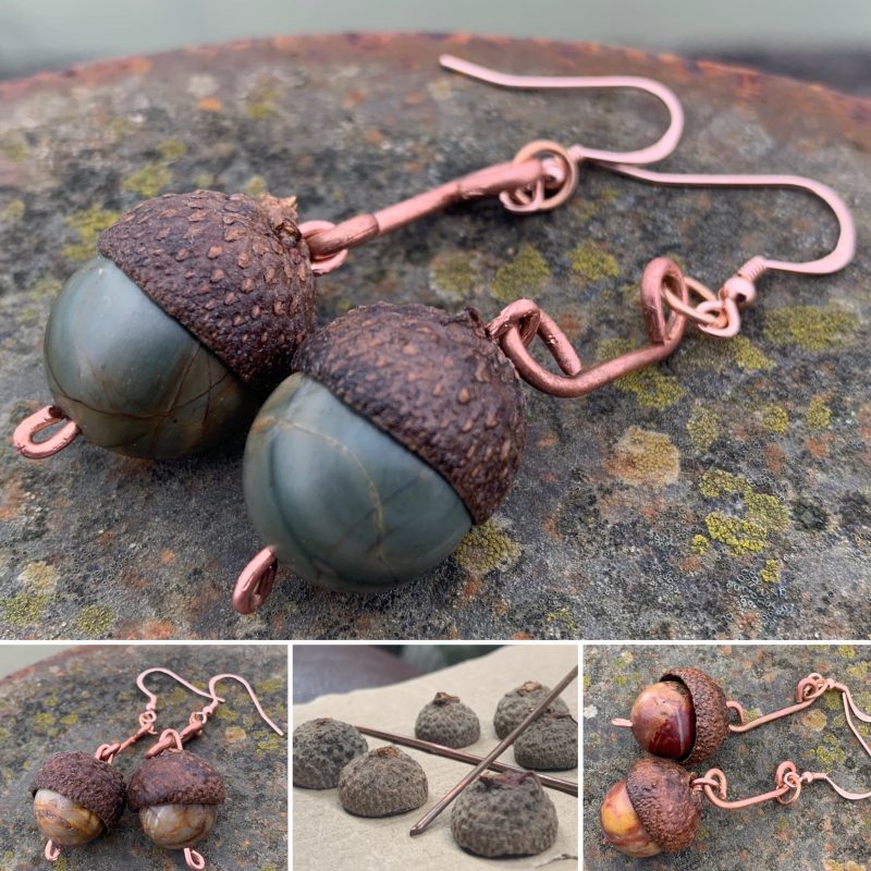 Handmade real acorn earrings with recycled copper, picssso jasper and rose gold hooks. Various colours and styles available. 