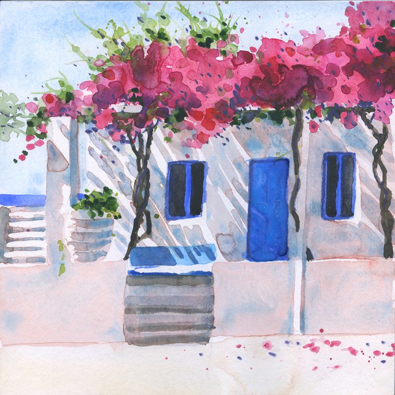 Bougainvillea above white house with blue doors, with sunshine