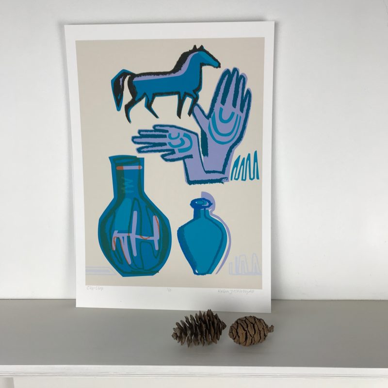 A horse trotting, a pair of hands clapping with horseshoe pattern on the palms, two blue pots . Blues, lilac on a sandy background.
