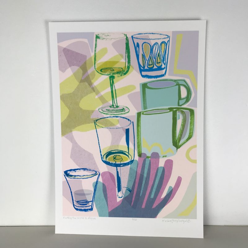 Gentle pastel summer evening shadows with 2 wine glasses, water glasses, mugs and hands.