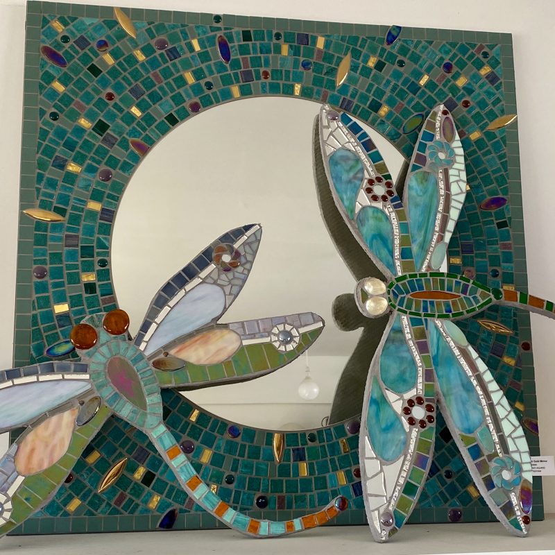 Large jade mosaic mirror and dragonflies