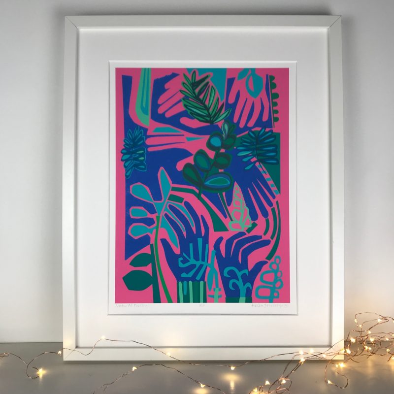 Imaginary pattern like garden showing hands and leaves interacting. Vibrant pink background with blues greens and turquoise