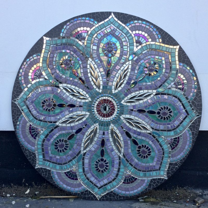Large mosaic mandala in purple and grey