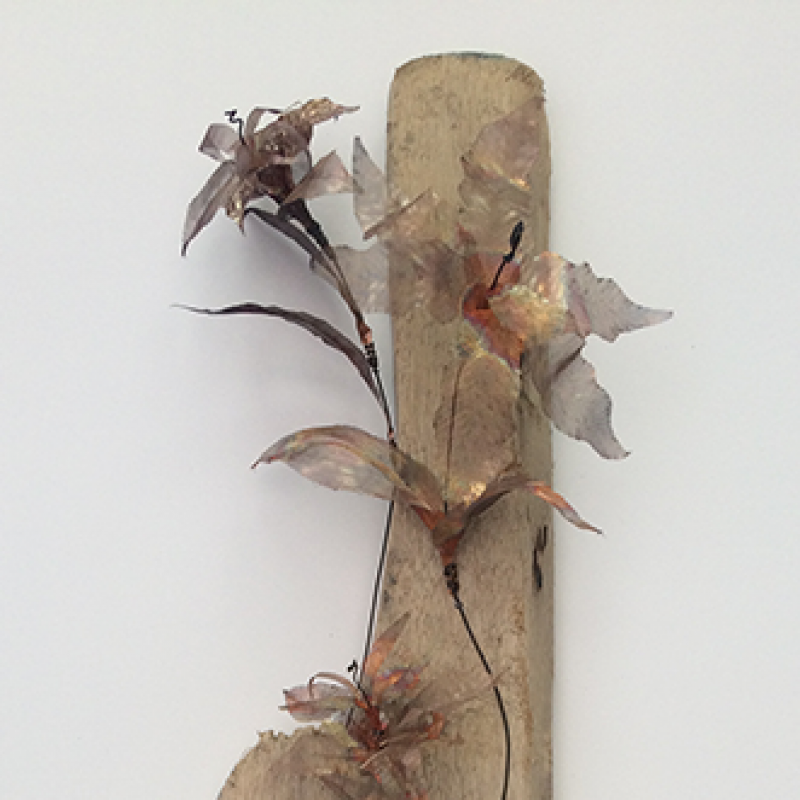 Wirework Copper & Annealed Steel Flowers on Driftwood