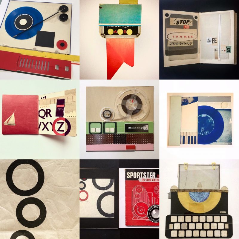 Collage and assemblage of retro radios and record players