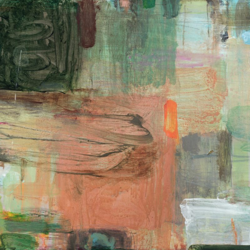 A complex expressive painting where soft peach and greens weave their way across a shifting surface