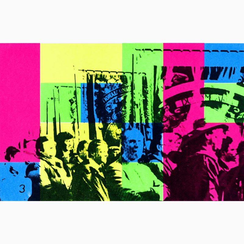 Striking miners assembling behind their banners in February 1985 (Paynes Grey superimposed on a 24-square fluorescent grid in neon pink, green, blue & yellow)