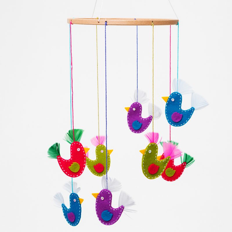 Mobile with small felt birds made from felt and feathers