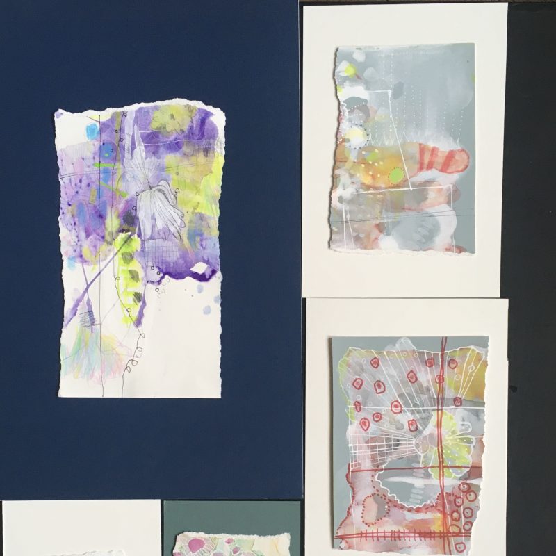 A section of 'Fragments' individual pieces on paper, mounted on card. Mixed media. 