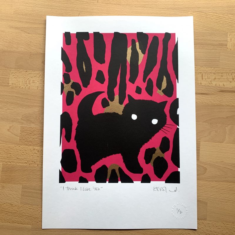 A screenprint: a large black kitten silhouette on a deep pink background overlaid with gold spots and black leopardprint