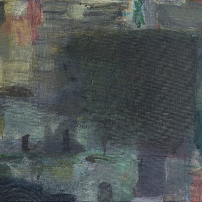 A deeply coloured abstract painting that suggests a shadowy night scene with very dark greens and greys