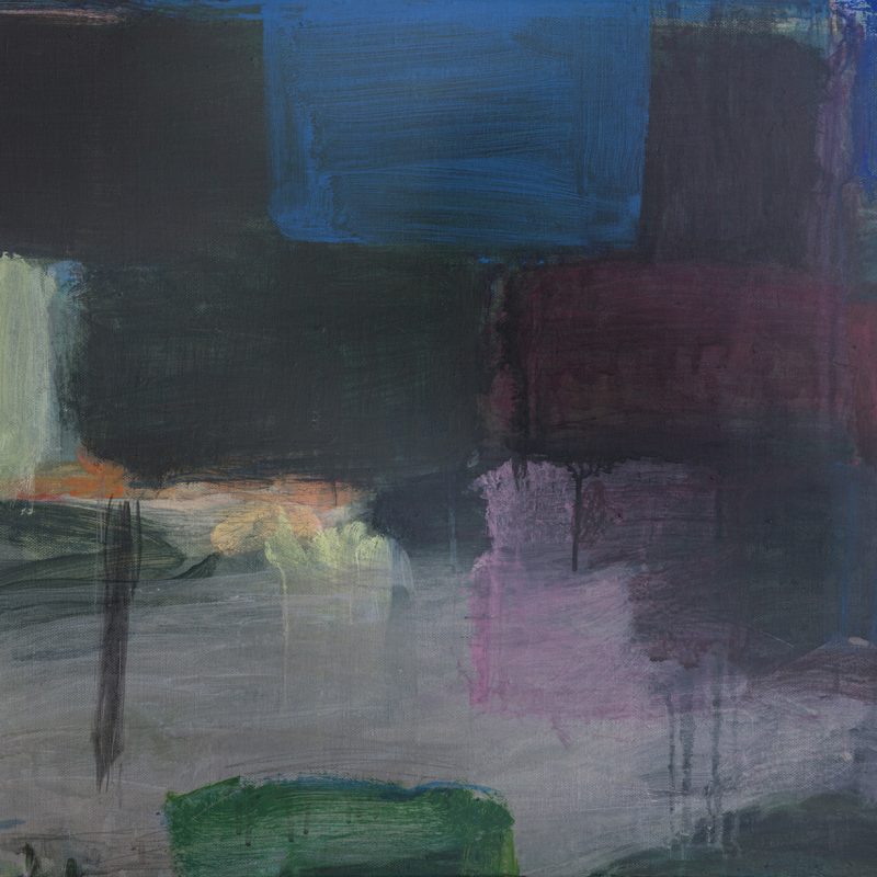 abstract painting where intense blues, magenta and chalky yellows play across deep moody colours 