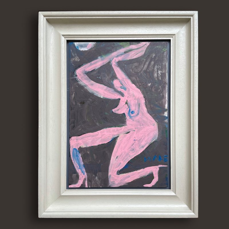 oil painting of naked woman bowing to the moon in high heels