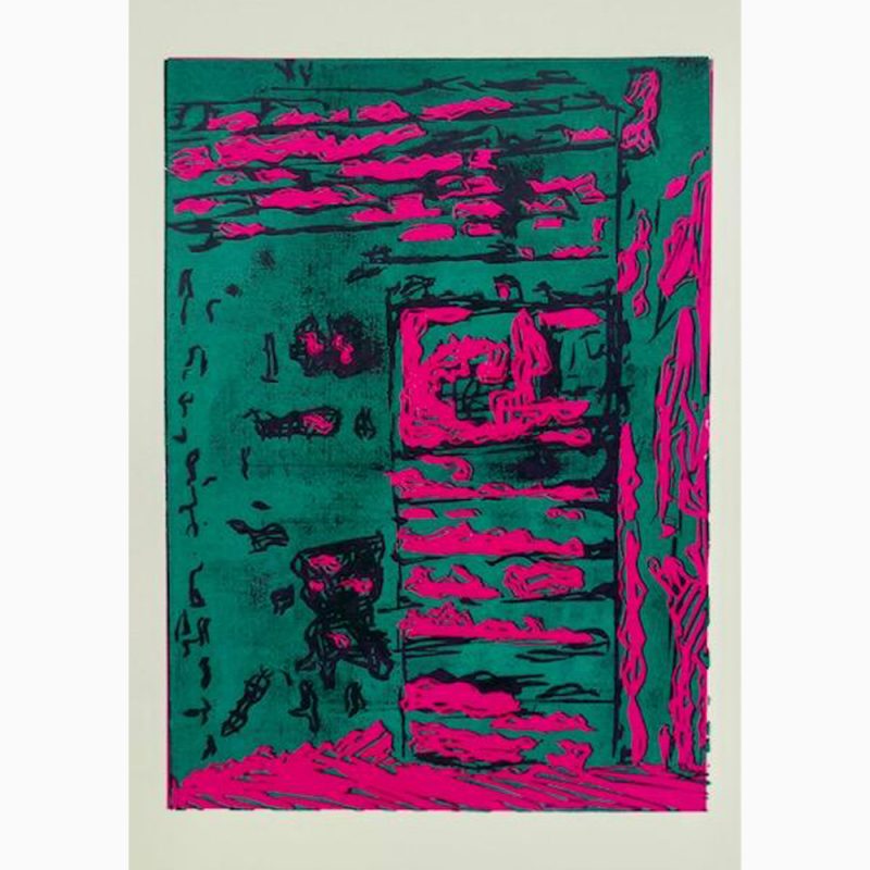 A three colour pink, green and black lino cut print of a neglected garden shed.  A memory of a secret childhood hideaway.