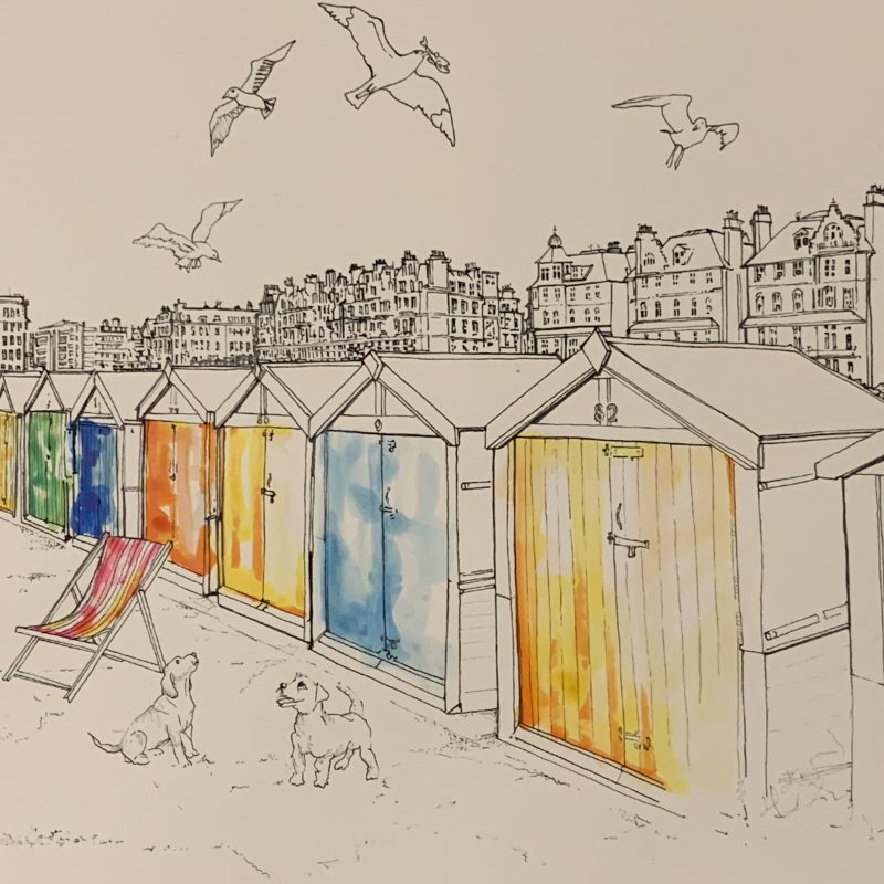 Pen & ink illustration of beach huts, dogs and seagulls.