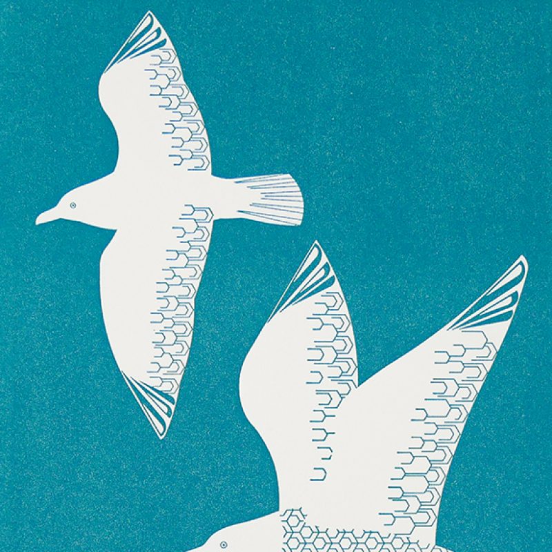 dark teal letterpress print of two seagulls flying over the brighton pier