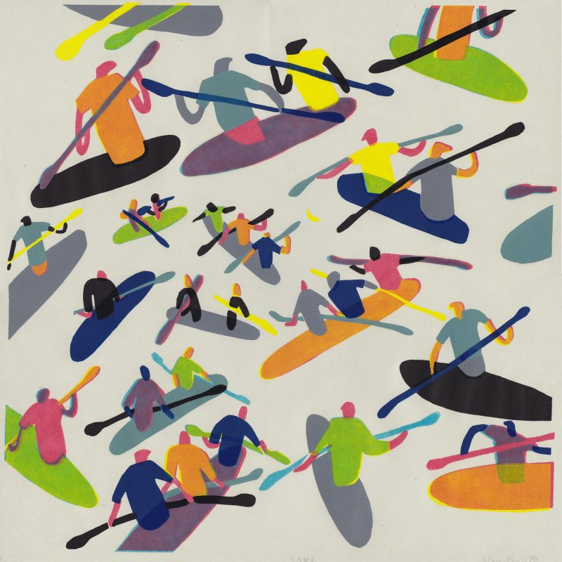 colourful linocut print of people in Kayaks