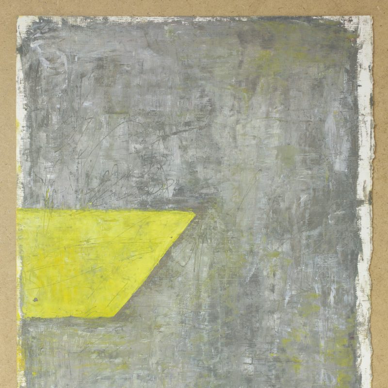 Small abstract painting with grey background and yellow shape.