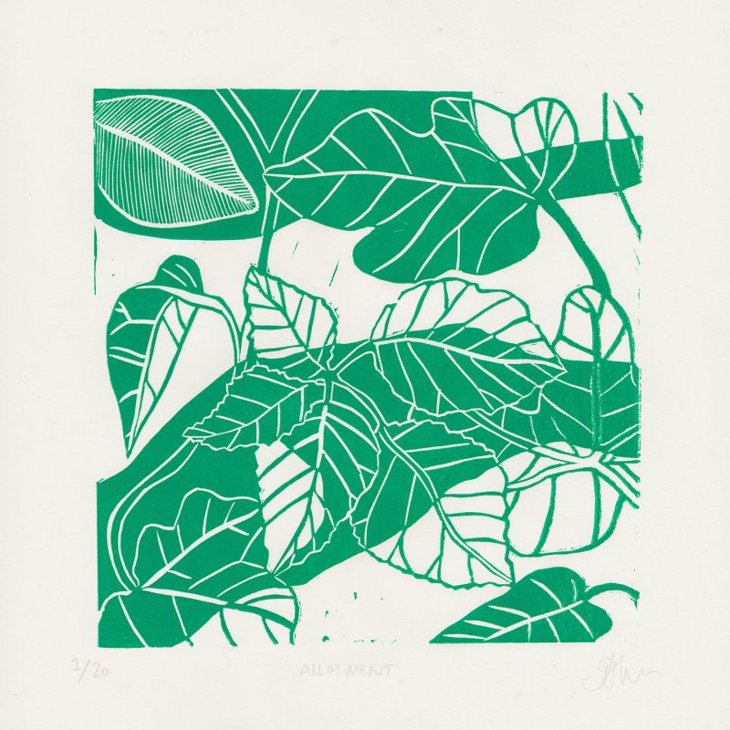 A linocut print of leaves and foliage