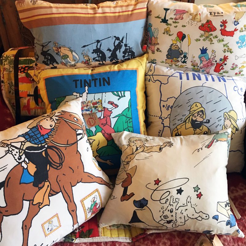 cushions made from vintage children's fabrics - Tintin, Noddy, etc