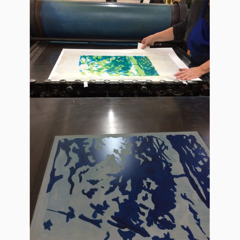 A hand pulled Lithography press in action with print and plate