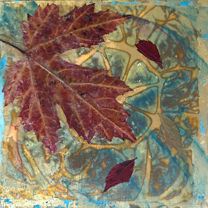 Title-             Release Medium -      Mixed media -Box wood canvas-                      working with leaves incorporating signature gold leaf Price-            £38.00 unframed (ready to hang)  size- 15cm by 15cm